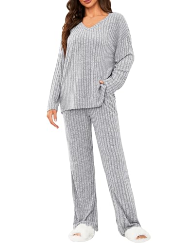 Tuopuda Zweiteiler Damen Lounge Set Rundhals Einfarbig Loungewear Gerippt Shirt Top Langärm mit Hose 2-Teiliges Hausanzug Jogginganzug Sporthose Sleepwear Freizeit Outfit, Grau, L von Tuopuda