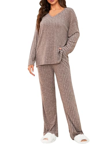 Tuopuda Zweiteiler Damen Lounge Set Rundhals Einfarbig Loungewear Gerippt Shirt Top Langärm mit Hose 2-Teiliges Hausanzug Jogginganzug Sporthose Sleepwear Freizeit Outfit, Khaki, M von Tuopuda
