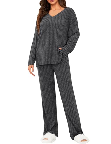 Tuopuda Zweiteiler Damen Lounge Set Rundhals Einfarbig Loungewear Gerippt Shirt Top Langärm mit Hose 2-Teiliges Hausanzug Jogginganzug Sporthose Sleepwear Freizeit Outfit, Schwarz, M von Tuopuda
