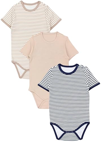TupTam Baby Body Kurzarm – 3er Set aus 100% Baumwolle bis Größe 134, Farbe: Streifen Mix Lightbeige Dunkelblau Beige Uni, Größe: 110 von TupTam