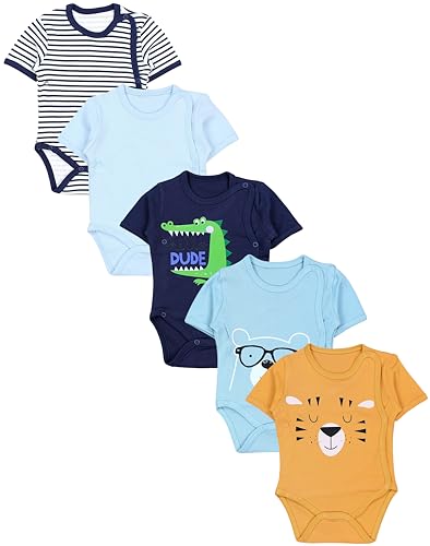 TupTam Baby Body Kurzarm Jungen – Wickelbody Kurzarm aus Baumwolle im 5er Set – OEKO-TEX Zertifiziert, Farbe: Krokodil Bär Brille Löwe Streifen Blau Hellblau Uni, Größe: 68 von TupTam