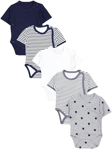 TupTam Baby Body Kurzarm Jungen – Wickelbody Kurzarm aus Baumwolle im 5er Set – OEKO-TEX Zertifiziert, Farbe: Streifen Blau Streifen Grau Sterne Blau Weiß Navy, Größe: 80 von TupTam