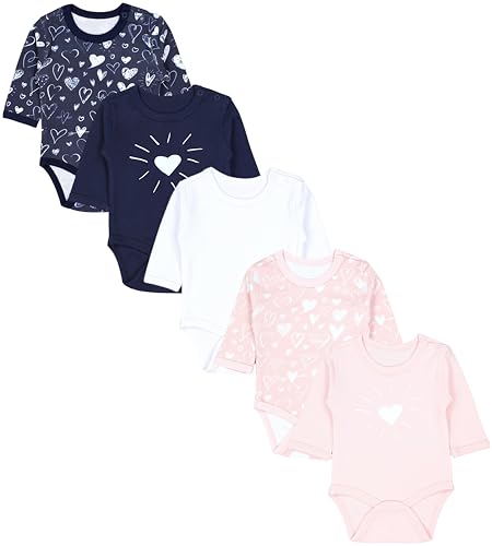 TupTam Baby Body Langarm Mädchen – 5er Pack Unifarbene Body Baby aus Baumwolle – OEKO-TEX zertifiziert, Farbe: Herzmix Apricot Weiß Dunkelblau, Größe: 104 von TupTam