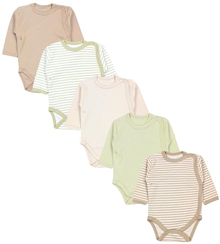 TupTam Baby Body Langarm – Wickelbody Langarm im 5er Pack aus Baumwolle für Mädchen und Jungen, Farbe: Streifen Salbeigrün Hellbeige Tofu, Größe: 74 von TupTam