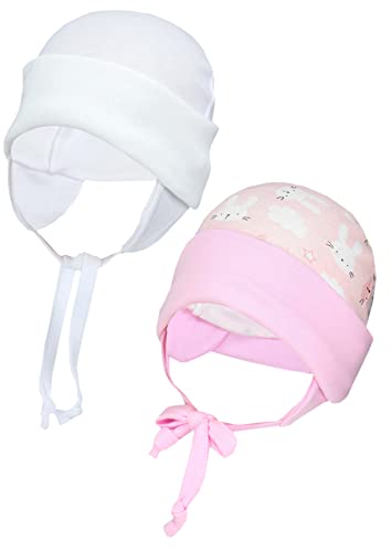 TupTam Baby Erstlingsmütze mit Ohrenklappen 2er Pack, Farbe: Kaninchen Rosa/Weiß, Größe: 62-68 von TupTam