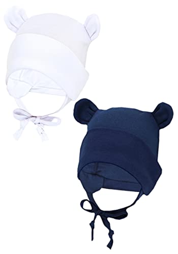TupTam Baby Erstlingsmütze mit Ohrenklappen 2er Pack, Farbe: Weiß/Dunkelblau/mit Ohren, Größe: 62-68 von TupTam