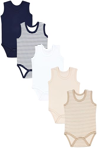 TupTam Baby Jungen Achselbody – Weicher Baby Body im 5er Pack aus Baumwolle, Body Baby Unifarben OEKO-TEX zertifiziert, Farbe: Streifen Hellbeige Dunkelblau, Größe: 86 von TupTam