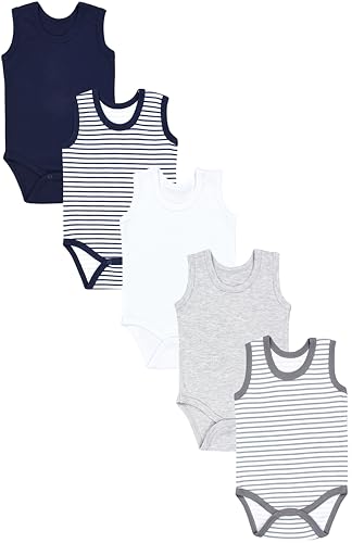 TupTam Baby Jungen Achselbody – Weicher Baby Body im 5er Pack aus Baumwolle, Body Baby Unifarben OEKO-TEX zertifiziert, Farbe: Streifenmix Blau Grau, Größe: 128 von TupTam