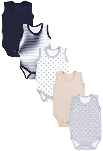 TupTam Baby Jungen Achselbody – Weicher Baby Body im 5er Pack aus Baumwolle, Body Baby Unifarben OEKO-TEX zertifiziert, Farbe: Dunkelblau Streifen Sterne Weiß Grau Beige, Größe: 86 von TupTam