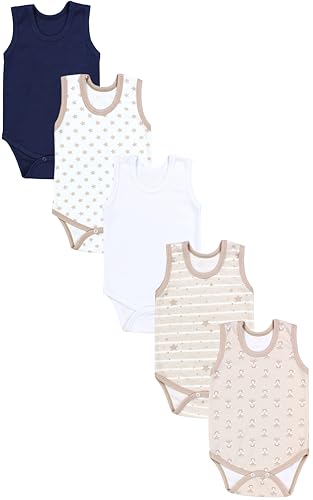 TupTam Baby Jungen Achselbody in Unifarben 5er Pack, Farbe: Fuchs Beige Sterne Streifen Weiß Dunkelblau, Größe: 80 von TupTam