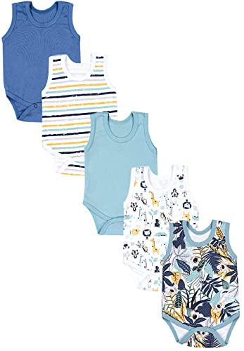 TupTam Baby Jungen Achselbody – Weicher Baby Body im 5er Pack aus Baumwolle, Body Baby Unifarben OEKO-TEX zertifiziert, Farbe: Koala Safari Streifen Mintgrün Orange Blau, Größe: 92 von TupTam