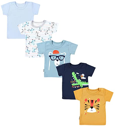 TupTam Baby Jungen Kurzarm T-Shirt mit Aufdruck Unifarben Sterne Streifen 5er Set, Farbe: Krokodil Dunkelblau Tiger Senfgelb Zebra Blau, Größe: 56 von TupTam