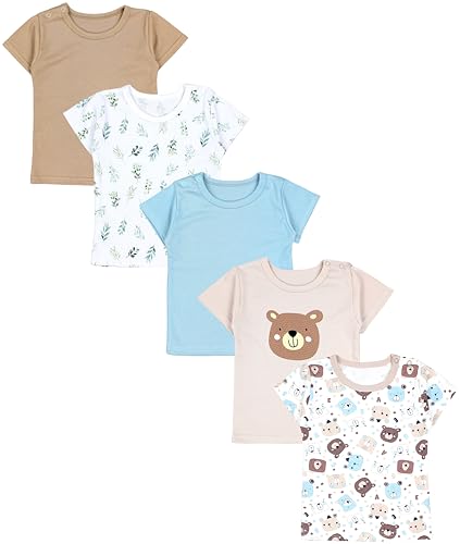 TupTam Baby Jungen Kurzarm T-Shirt mit Aufdruck Unifarben Sterne Streifen 5er Set, Farbe: Bärchen Blätter Beige Eisberg, Größe: 80 von TupTam