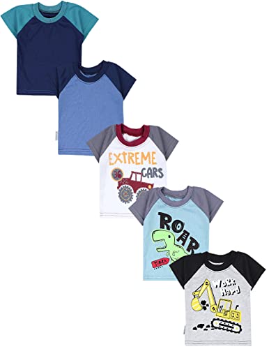 TupTam Baby Jungen Kurzarm T-Shirt mit Aufdruck Unifarben Sterne Streifen 5er Set, Farbe: Bagger Monster Tuck Dino Grau Blau Grün, Größe: 80 von TupTam