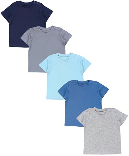 TupTam Baby Jungen Kurzarm T-Shirt mit Aufdruck Unifarben Sterne Streifen 5er Set, Farbe: Blau Grau Mix Junge, Größe: 68 von TupTam