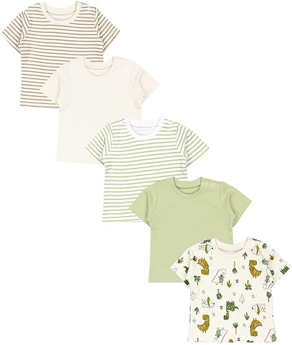 TupTam Baby Jungen Kurzarm T-Shirt mit Aufdruck Unifarben Sterne Streifen 5er Set, Farbe: Dinos Salbeigrün Streifen Beige Cremebeige, Größe: 104 von TupTam
