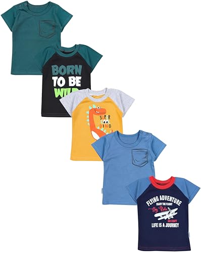 TupTam Baby Jungen Kurzarm T-Shirt mit Aufdruck Unifarben Sterne Streifen 5er Set, Farbe: Flugzeug Dunkelblau WILD Schwarz Dino Senfgelb Jeansblau Petrolgrün, Größe: 98 von TupTam