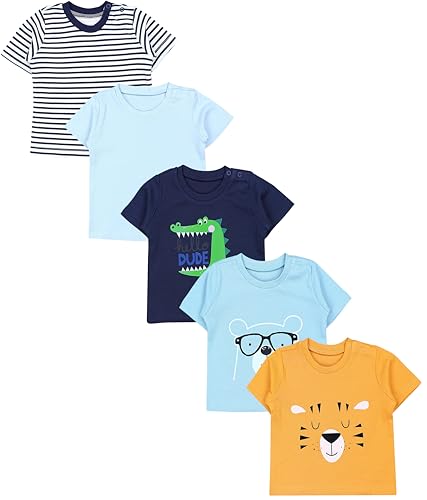 TupTam Baby Jungen Kurzarm T-Shirt mit Aufdruck Unifarben Sterne Streifen 5er Set, Farbe: Löwe Krokodil Bär Streifen Blau Hellblau Gelb, Größe: 74 von TupTam