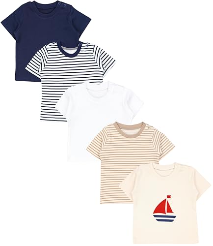 TupTam Baby Jungen Kurzarm T-Shirt mit Aufdruck Unifarben Sterne Streifen 5er Set, Farbe: Navy Streifen Beige Streifen Weiß Cremebeige Anker, Größe: 56 von TupTam