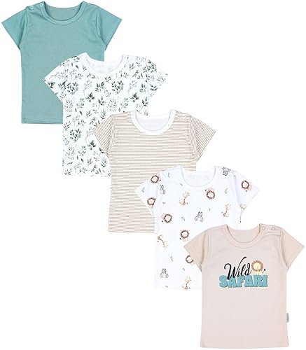 TupTam Baby Jungen Kurzarm T-Shirt mit Aufdruck Unifarben Sterne Streifen 5er Set, Farbe: Tiersafari Blätter Salbei Beige Streifen, Größe: 98 von TupTam