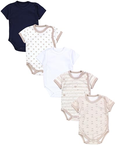 TupTam Baby Jungen Kurzarm Wickelbody Baumwolle Body 5er Set, Farbe: Fuchs Beige Sterne Streifen Weiß Dunkelblau, Größe: 80 von TupTam