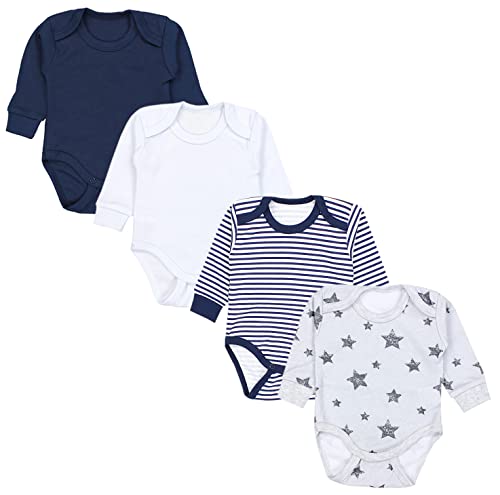 TupTam Baby Jungen Langarm Body Mitwachsbody Babybody mit Druck 4er Pack, Farbe: Streifen Dunkelblau Sterne Grau Weiß, Größe: 86/92 von TupTam