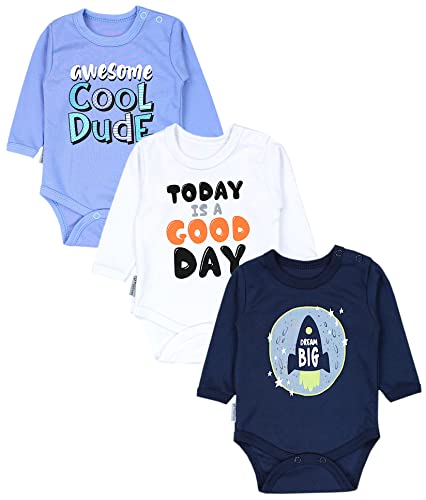 TupTam Baby Jungen Langarm Body mit Aufdruck Spruch 3er Pack, Farbe: Good Day Weiß Rakete Dunkelblau Cool Dude Blau, Größe: 56 von TupTam