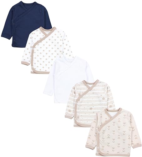 TupTam Baby Jungen Langarm Wickelshirt Baumwolle 5er Set, Farbe: Fuchs Beige Sterne Streifen Weiß Dunkelblau, Größe: 50 von TupTam