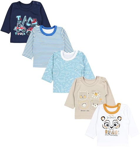 TupTam Baby Jungen Langarmshirt 5er Pack, Farbe: Dunkelblau Bagger Grün Dino Bärchen Beige Tiger Streifen Blau r, Größe: 68 von TupTam