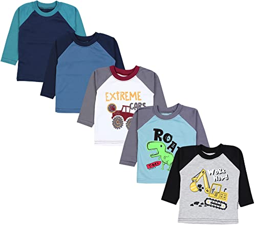 TupTam Baby Jungen Langarmshirt Gestreift 5er Set, Farbe: Bagger Monster Tuck Dino Grau Blau Grün, Größe: 104 von TupTam