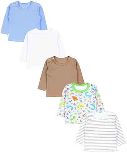 TupTam Baby Jungen Langarmshirt Gestreift 5er Set, Farbe: Dino Blau Weiß Beige Streifen Grau, Größe: 80 von TupTam
