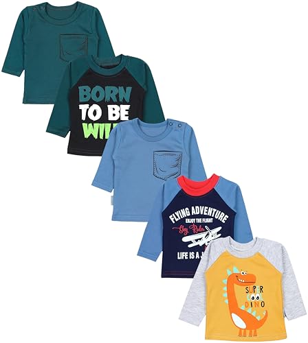 TupTam Baby Jungen Langarmshirt Gestreift 5er Set, Farbe: Flugzeug Dunkelblau WILD Schwarz Dino Senfgelb Jeansblau Petrolgrün, Größe: 62 von TupTam