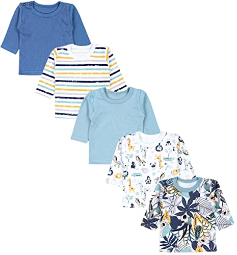 TupTam Baby Jungen Langarmshirt Gestreift 5er Set, Farbe: Koala Safari Streifen Mintgrün Orange Blau, Größe: 80 von TupTam
