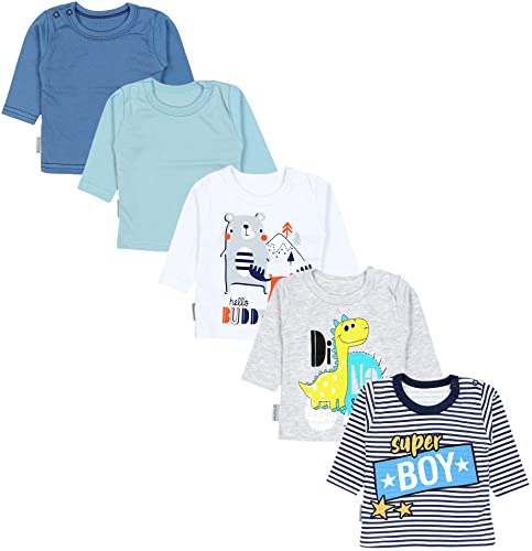 TupTam Baby Jungen Langarmshirt Gestreift 5er Set, Farbe: Super Boy Dino Buddy Dunkelblau Weiß Grau, Größe: 50 von TupTam