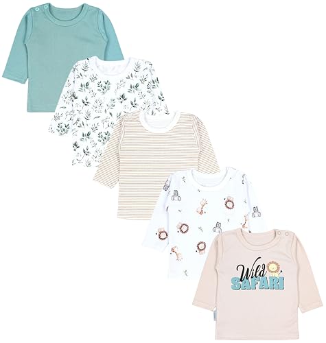 TupTam Baby Jungen Langarmshirt Gestreift 5er Set, Farbe: Tiersafari Blätter Salbei Beige Streifen, Größe: 104 von TupTam