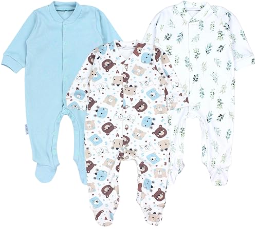 TupTam Baby Jungen Schlafstrampler Langarm Strampler Schlafanzug mit Fuß 3er Pack, Farbe: Bärchen Blätter Eisberg, Größe: 68 von TupTam
