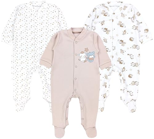 TupTam Baby Jungen Schlafstrampler Langarm Strampler Schlafanzug mit Fuß 3er Pack, Farbe: Bärchen Sterne Beige, Größe: 80 von TupTam