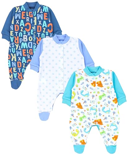 TupTam Baby Jungen Schlafstrampler Langarm Strampler Schlafanzug mit Fuß 3er Pack, Farbe: Dino Park/Dunkelblau/Sterne/Hellblau, Größe: 74 von TupTam