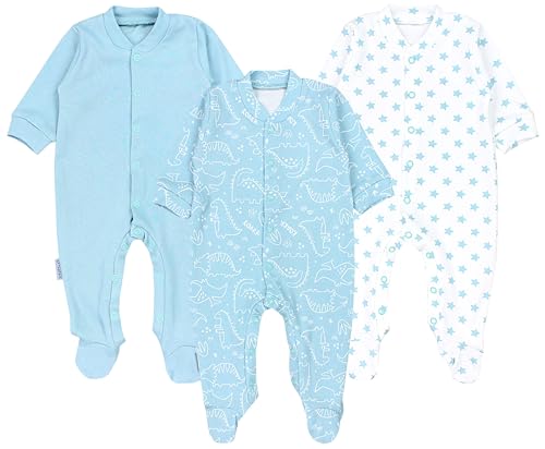 TupTam Baby Jungen Schlafstrampler Langarm Strampler Schlafanzug mit Fuß 3er Pack, Farbe: Dino Park Sterne Beige Weiß, Größe: 50 von TupTam