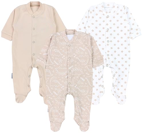TupTam Baby Jungen Schlafstrampler Langarm Strampler Schlafanzug mit Fuß 3er Pack, Farbe: Dino Park Sterne Beige Weiß, Größe: 74 von TupTam