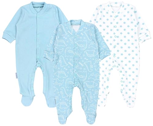 TupTam Baby Jungen Schlafstrampler Langarm Strampler Schlafanzug mit Fuß 3er Pack, Farbe: Dino Park Sterne Beige Weiß, Größe: 92 von TupTam