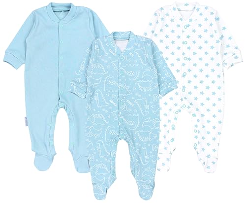 TupTam Baby Jungen Schlafstrampler Langarm Strampler Schlafanzug mit Fuß 3er Pack, Farbe: Dino Park Sterne Mineralgrün Weiß, Größe: 68 von TupTam