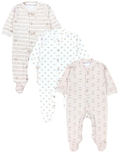 TupTam Baby Jungen Schlafstrampler Langarm Strampler Schlafanzug mit Fuß 3er Pack, Farbe: Fuchs Beige Streifen Sterne, Größe: 56 von TupTam