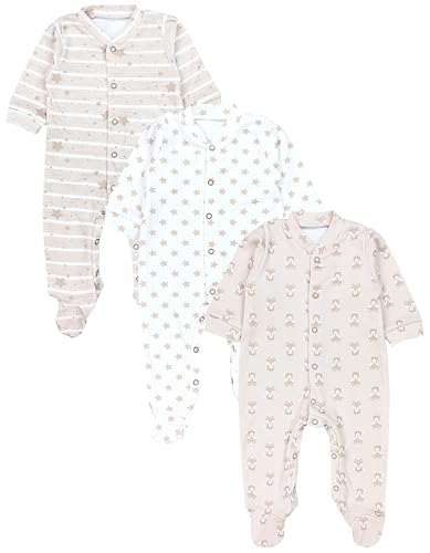 TupTam Baby Jungen Schlafstrampler Langarm Strampler Schlafanzug mit Fuß 3er Pack, Farbe: Fuchs Beige Streifen Sterne, Größe: 62 von TupTam