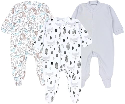 TupTam Baby Jungen Schlafstrampler Langarm Strampler Schlafanzug mit Fuß 3er Pack, Farbe: Füchse Grau Dino Blau Beige, Größe: 86 von TupTam