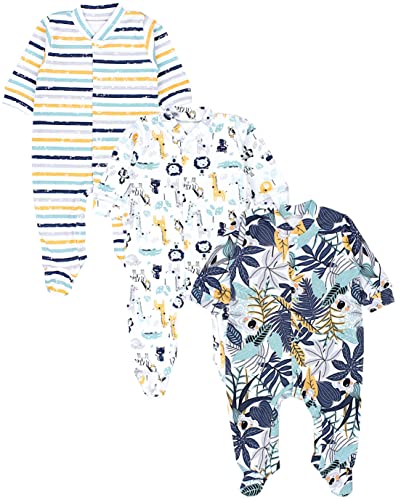 TupTam Baby Jungen Schlafstrampler Langarm Strampler Schlafanzug mit Fuß 3er Pack, Farbe: Koala Safari Streifen Mintgrün Orange Blau, Größe: 50 von TupTam