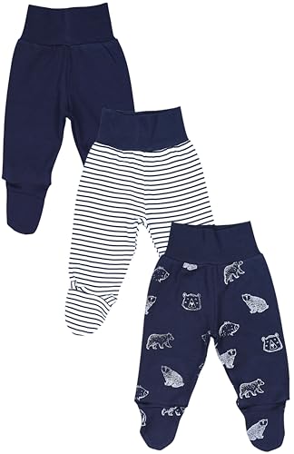 TupTam Pumphose Baby Jungen mit Fuß 3er Pack – Weiche Baby Hose aus Baumwolle mit Komfortbund, Farbe: Blaue Bären Streifen Blau Uni, Größe: 68 von TupTam