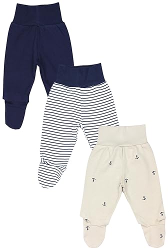 TupTam Pumphose Baby Jungen mit Fuß 3er Pack – Weiche Baby Hose aus Baumwolle mit Komfortbund, Farbe: Uni Blau Anker Streifen, Größe: 80 von TupTam