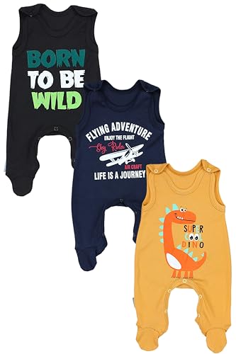 TupTam Baby Jungen Strampler mit Aufdruck Spruch 3er Pack, Farbe: Flugzeug Dunkelblau WILD Schwarz Dino Senfgelb Jeansblau Petrolgrün, Größe: 62 von TupTam