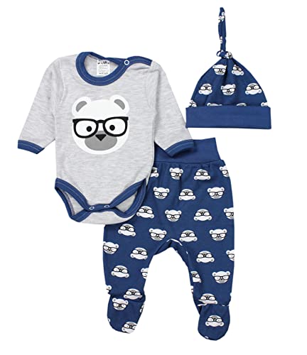 TupTam Baby Kleidung Set Body Strampelhose Mütze Bekleidungsset Jungen Mädchen, Farbe: Bärchen mit Brille Grau/Dunkelblau, Größe: 74 von TupTam